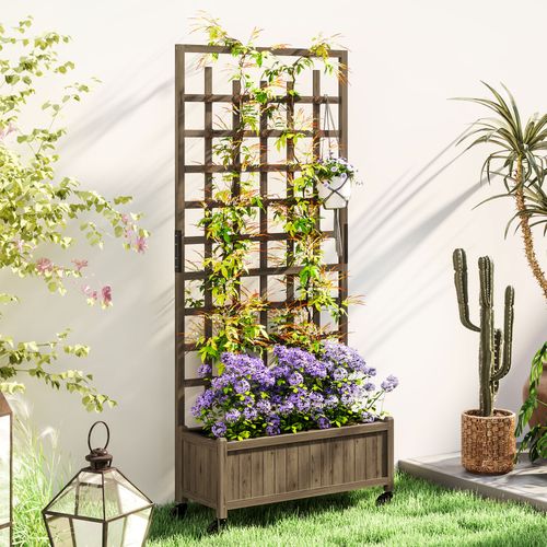 Wooden Trellis Planter, Raised Garden Bed with Wheels and Bed Liner in Wooden