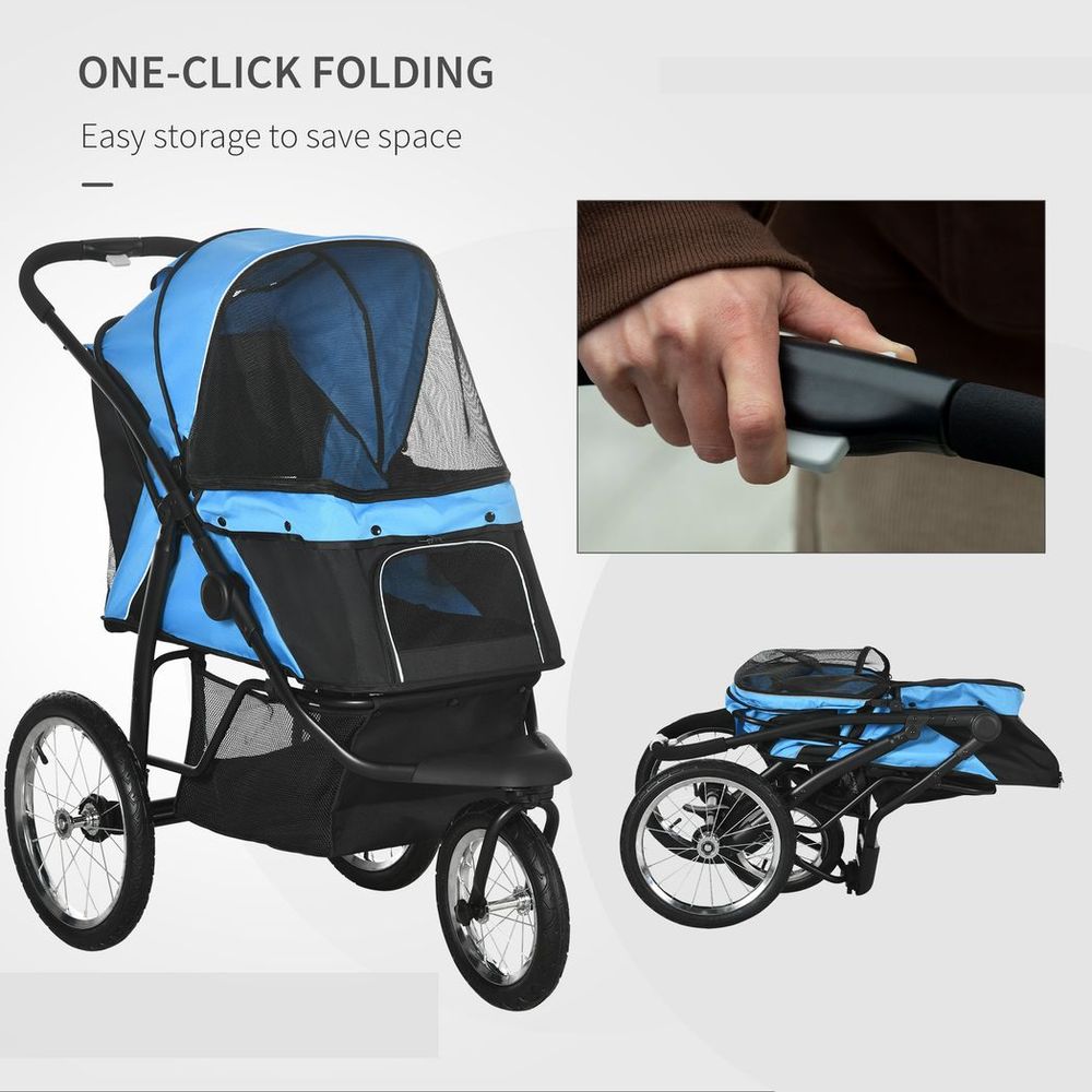 3 Wheel Pet Stroller - Blue - Foldable Cat Pram + Soft Mat - Medium Small Dogs - All Terrains