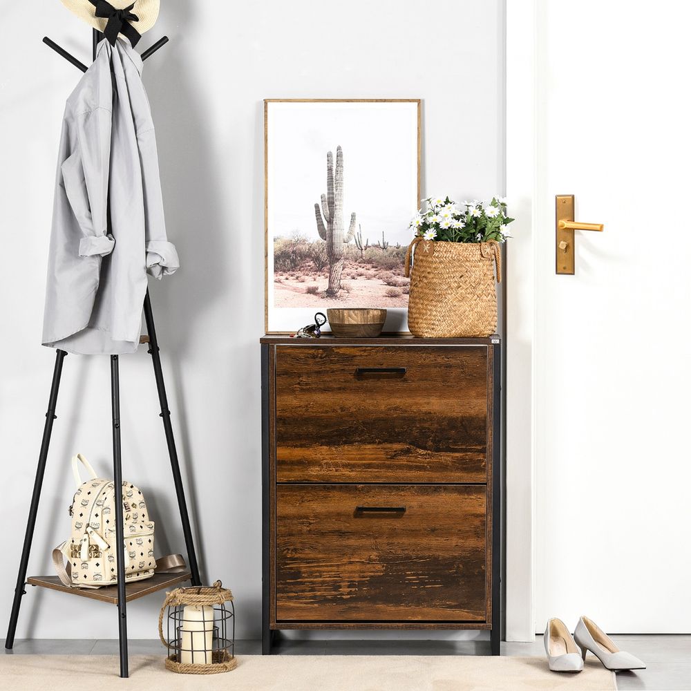 Rustic Brown Shoe Cabinet - 2 Flip Door, Divider, Entryway