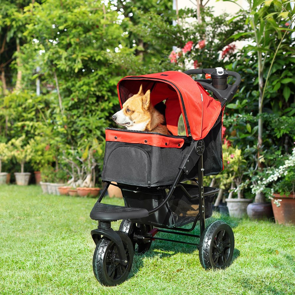 IE Located Folding Pet Stroller 3 Wheel Dog Jogger Travel Carrier Adjustable Canopy Storage Brake Mesh Window for Small Miniature Dog Cat Red