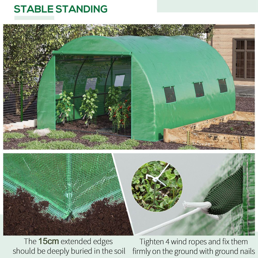 Tunnel Greenhouse with Roll-Up Door & 6 Windows - Green