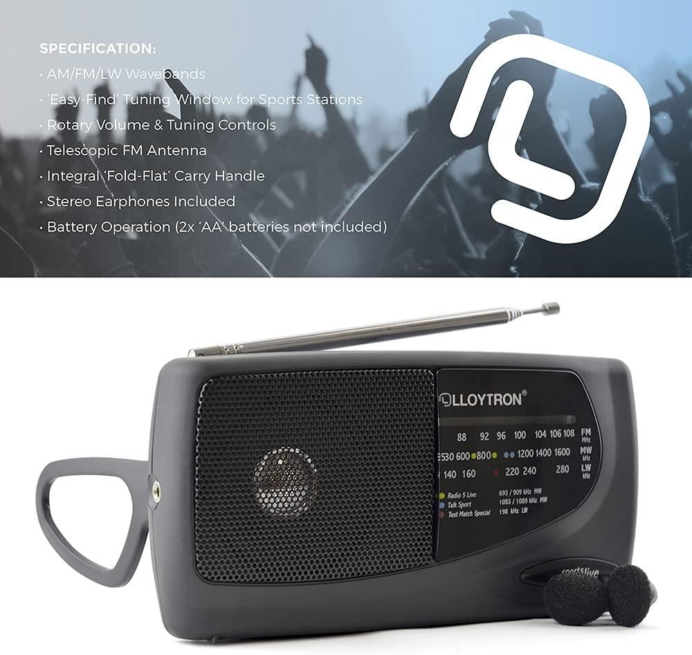 Lloytron Sports Personal Radio - 3 Band MW/FM/LW - Easy Find Tuning Window - Earphones Included