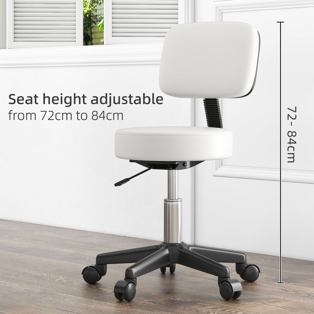 Salon Chair: Adjustable, Swivel, Padded Seat & Back, 5 Wheels - White