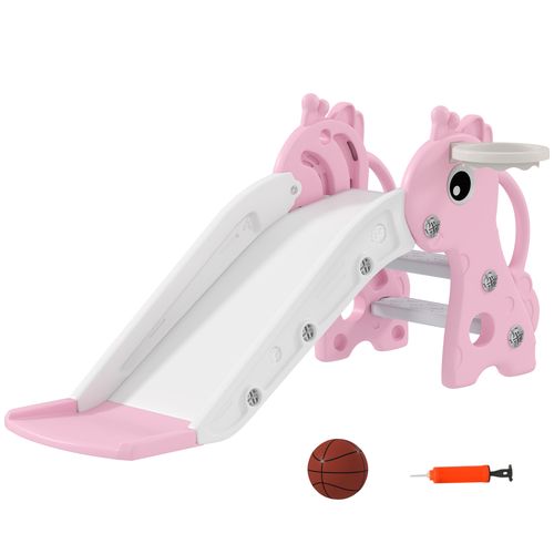 3 in 1 Kids Slide with Climber, Basketball Hoop and Ball, Pink