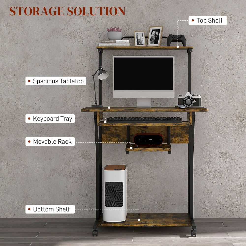 Rolling Computer Desk with Keyboard Tray and Storage Shelves, Rustic Brown