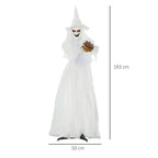 74 Inch Halloween Decorations White Witch Holding Pumpkin Head, Standing Skeleton Ghost Prop Life Size with Light Up Eyes and Body