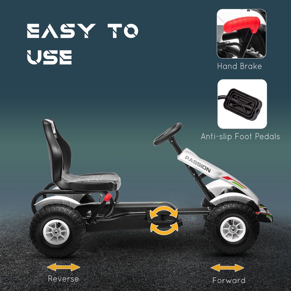 Kids Pedal Go Kart - Adjustable Seat, Inflatable Tyres, Handbrake - White