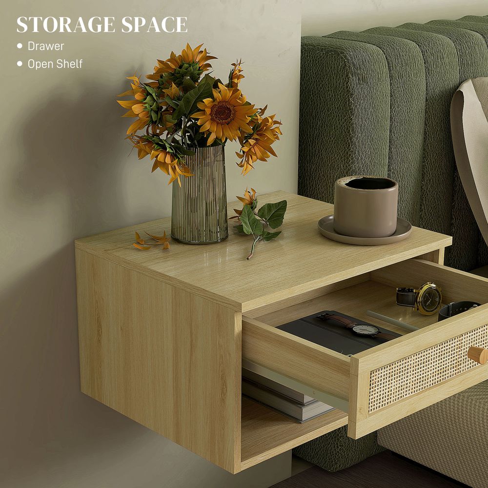 Floating Nightstand Set of 2 with Rattan Drawer