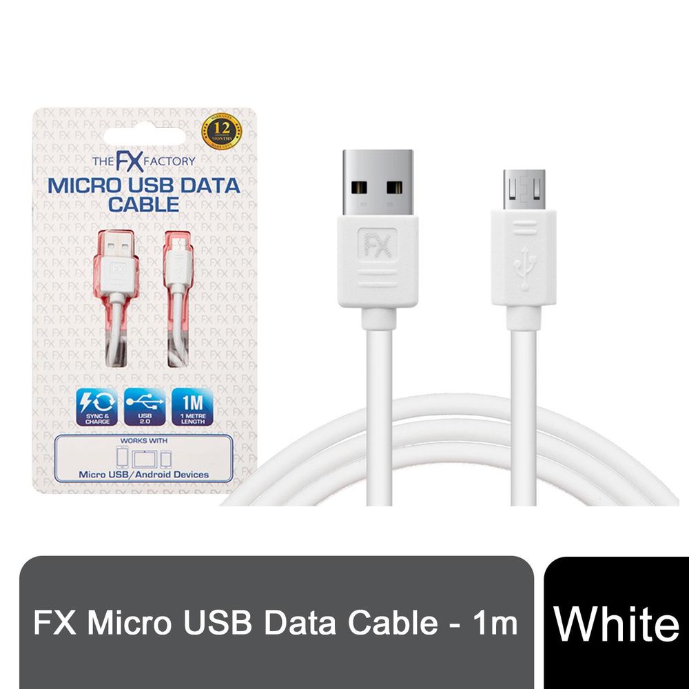 FX USB Data Cable - Fast Charge & Sync - Micro USB - White - Compatible with mobile phone, HTC, Motorola