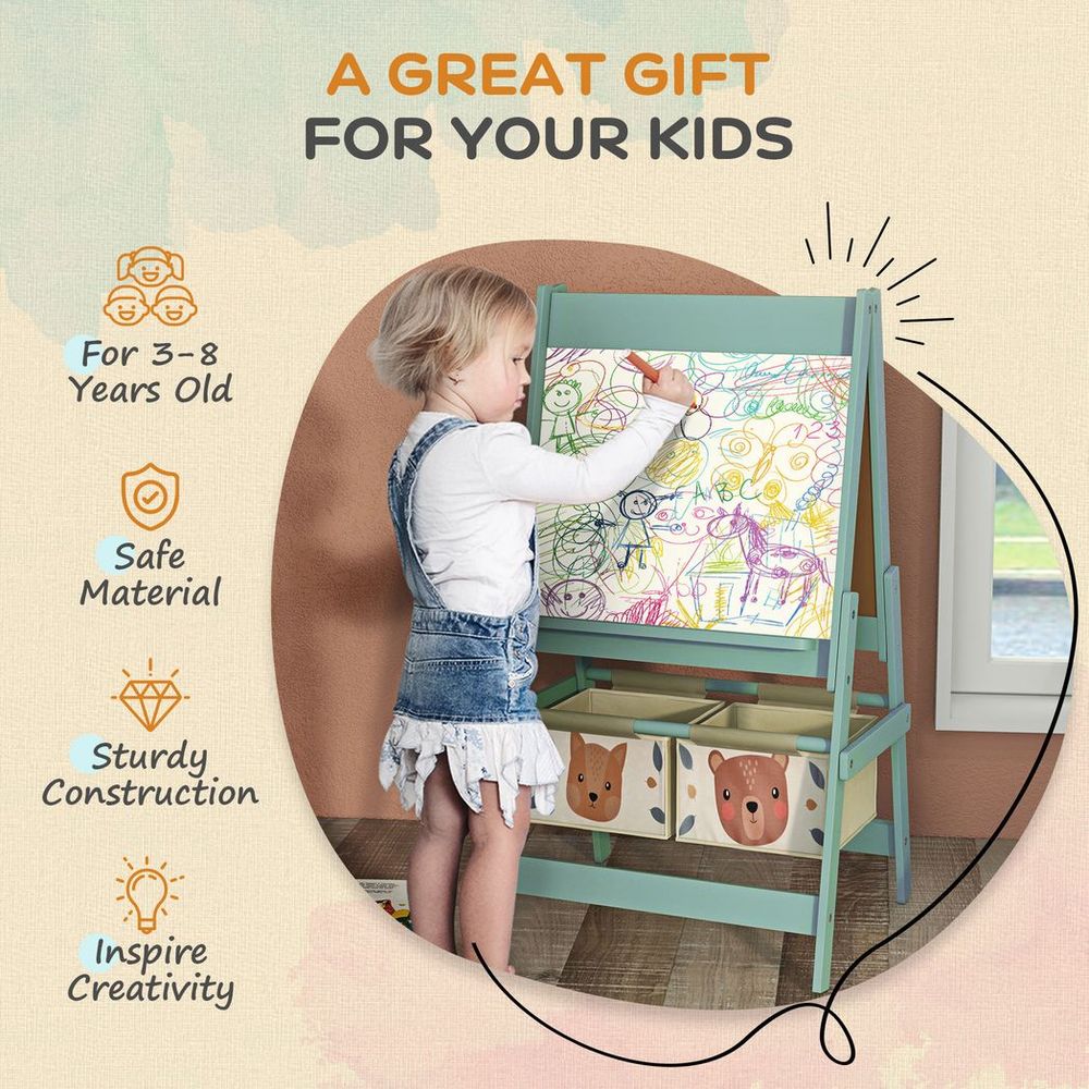 Kids Easel with Paper Roll, 3 in 1 Art Easel for Children, with Blackboard, Whiteboard, Storage Baskets, Green