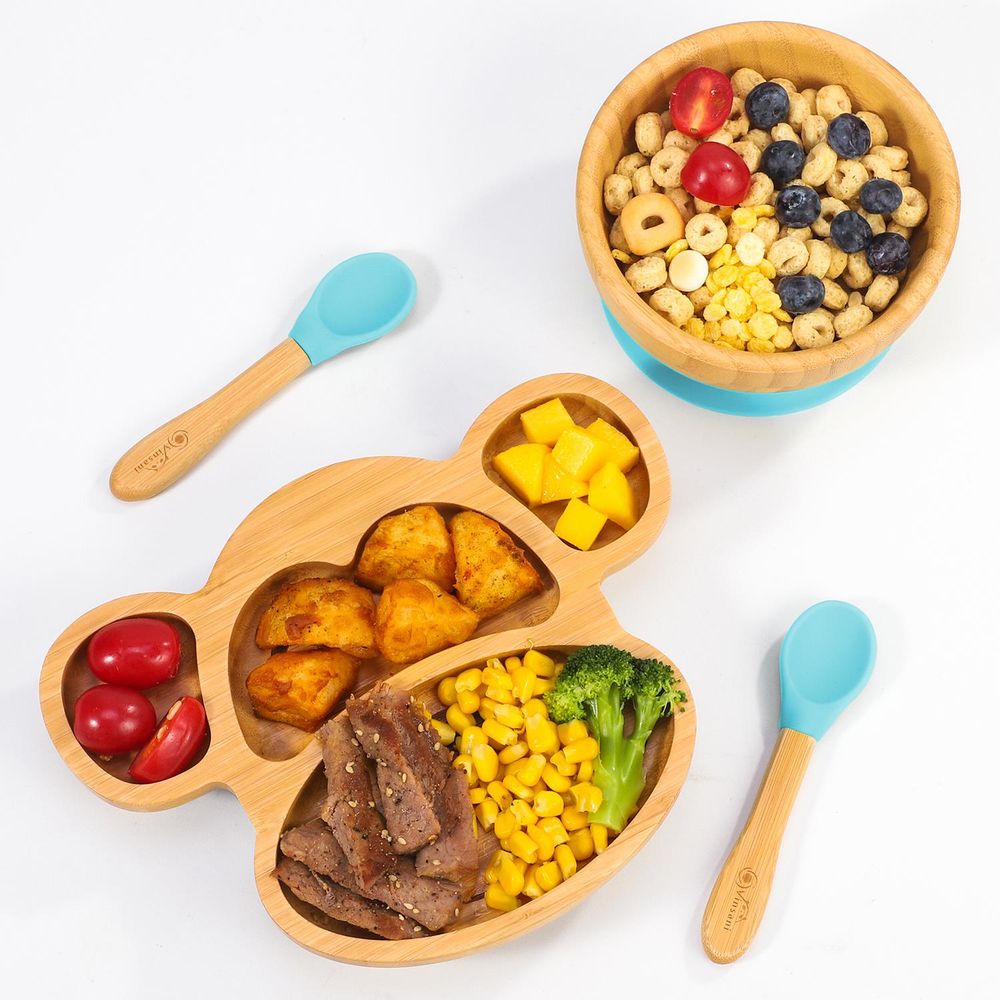 Bamboo Monkey Plate Set - 4-Sectioned Plate, Bowl, & Spoon - Non-slip Base - Food-Grade Silicone - Easy to Clean Blue