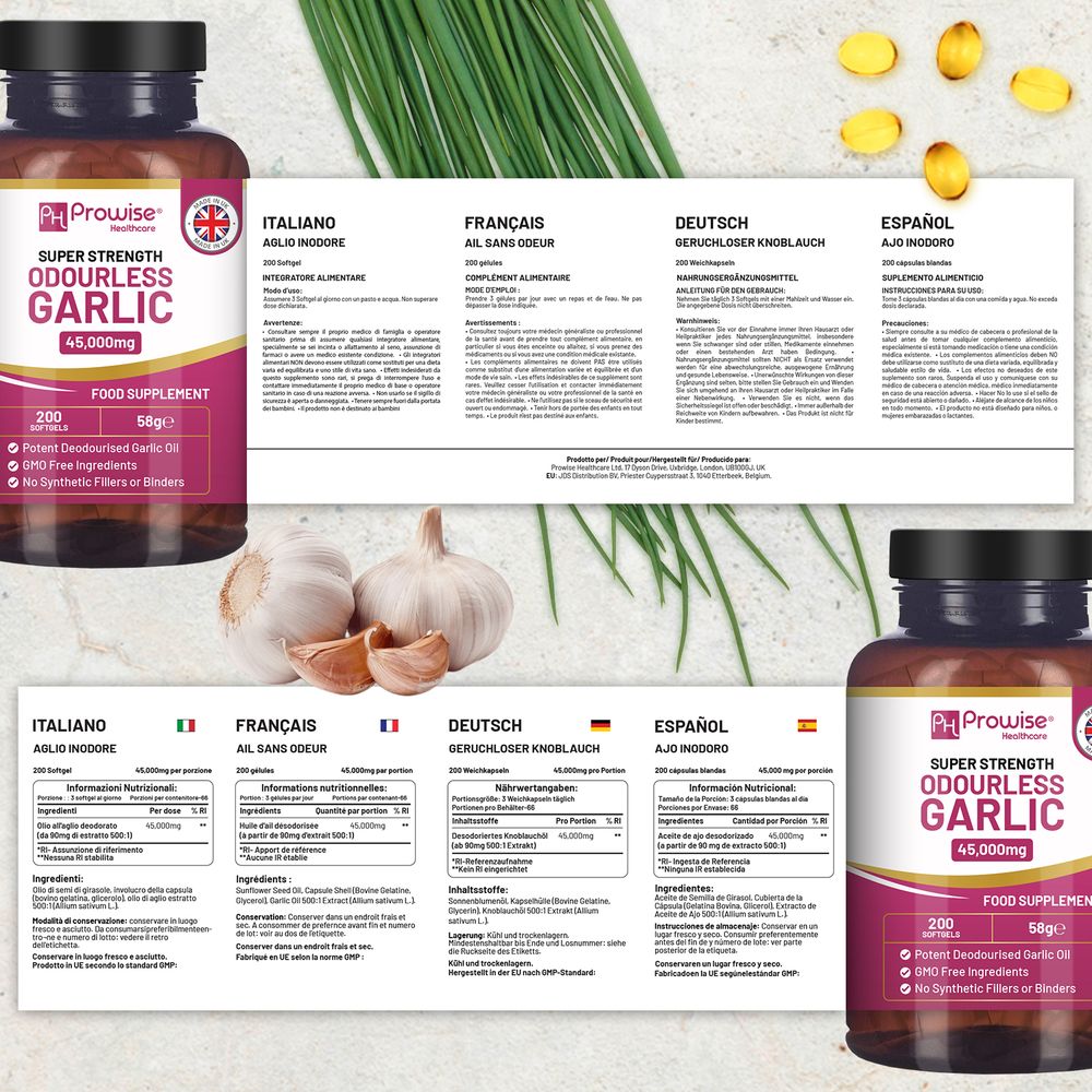 Odourless Garlic Capsules - 45,000mg per softgel - 200 softgels (not Tablets) Super High Strength - Cold Pressed and Deodourised Garlic Oil Extract from Allium Sativum