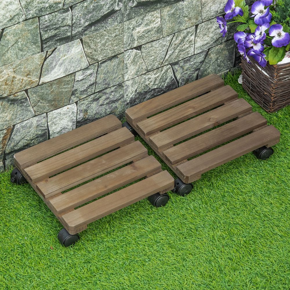 Wooden Plant Stand Set - 2 Pack - with Wheels - Flowerpot Holder