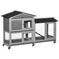 Wooden Rabbit Hutch & Guinea Cage - Slide-Out Tray, Ramp, Wheels, Easy Assembly - Light Grey