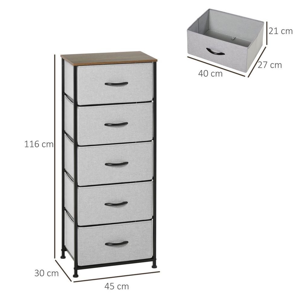 5 Drawer Fabric Chest - Wooden Top - Grey