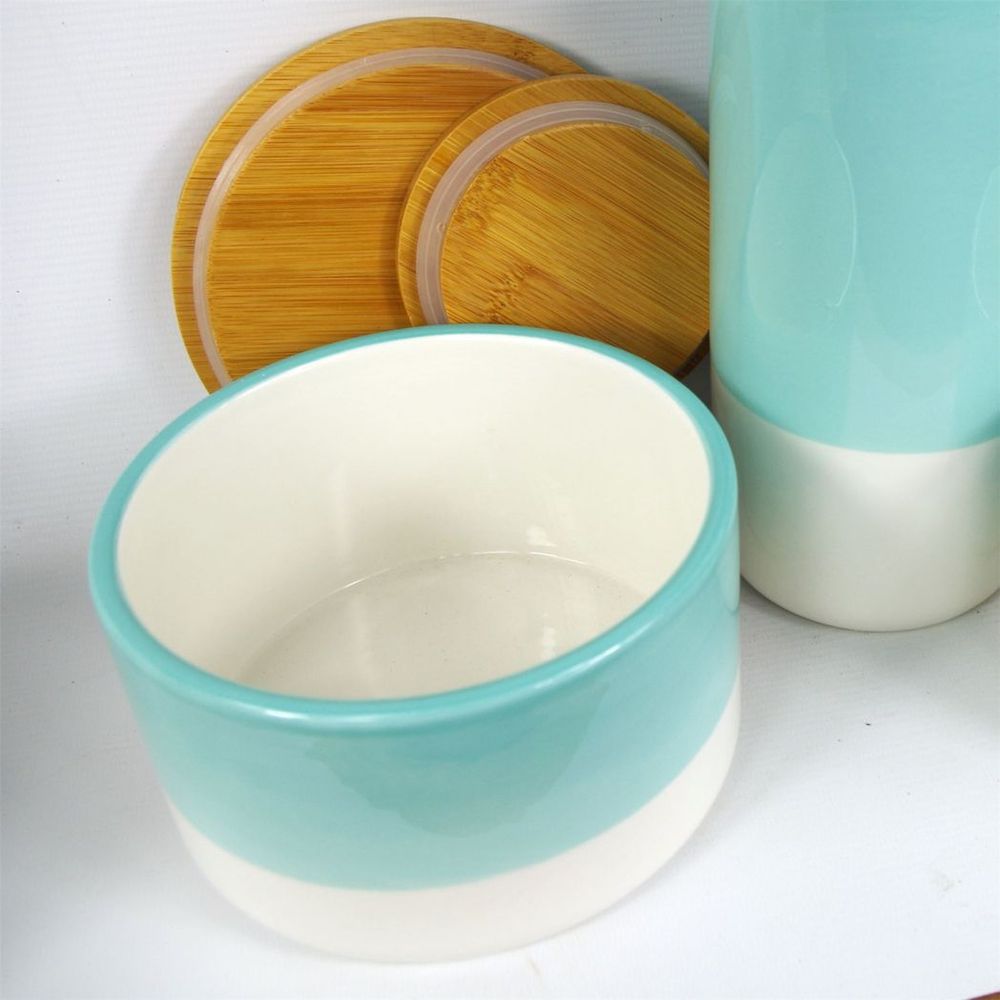 Set of Three Canisters Aqua Green Ceramic Storage Jars with Lids in Green