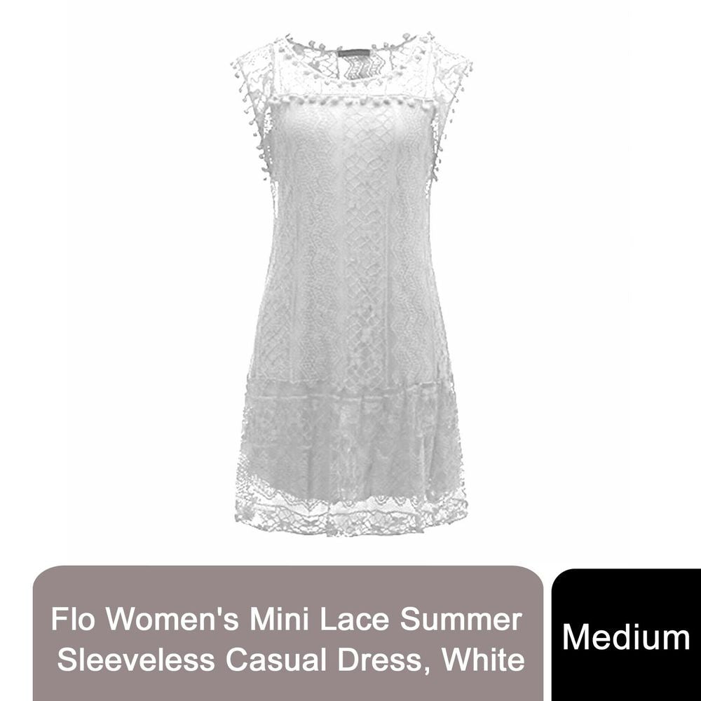 Flo Women's Mini Lace Summer Sleeveless Casual Dress or Midi Casual Dress White
