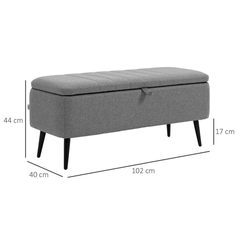 Storage Ottoman, Grey Linen Fabric, Steel Legs - Versatile Footstool Bench