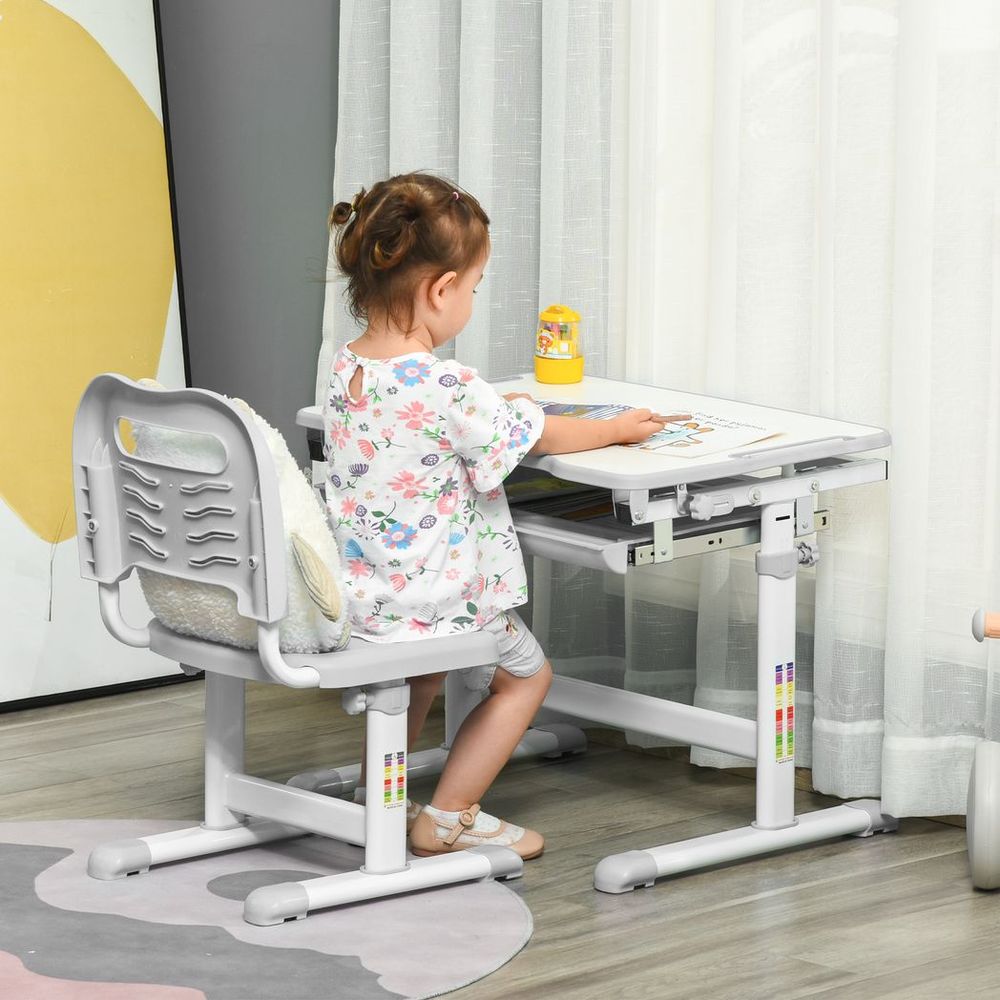 Adjustable Tiltable Kids Desk & Chair Set w/ Drawer, Pen Slot, Hook