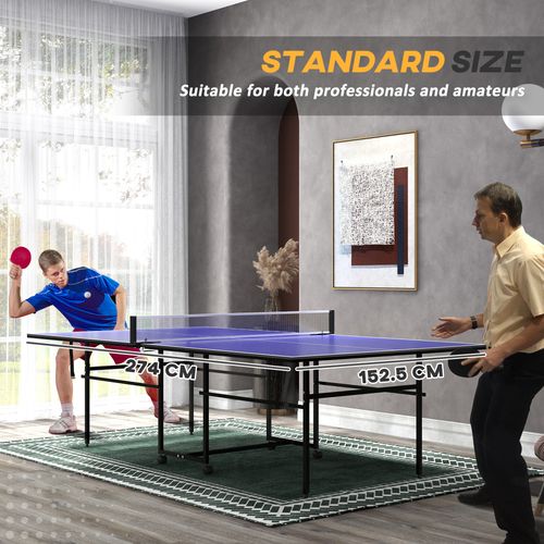 9FT Folding Table Tennis Table w/ 4 Wheels, for Indoors, Blue