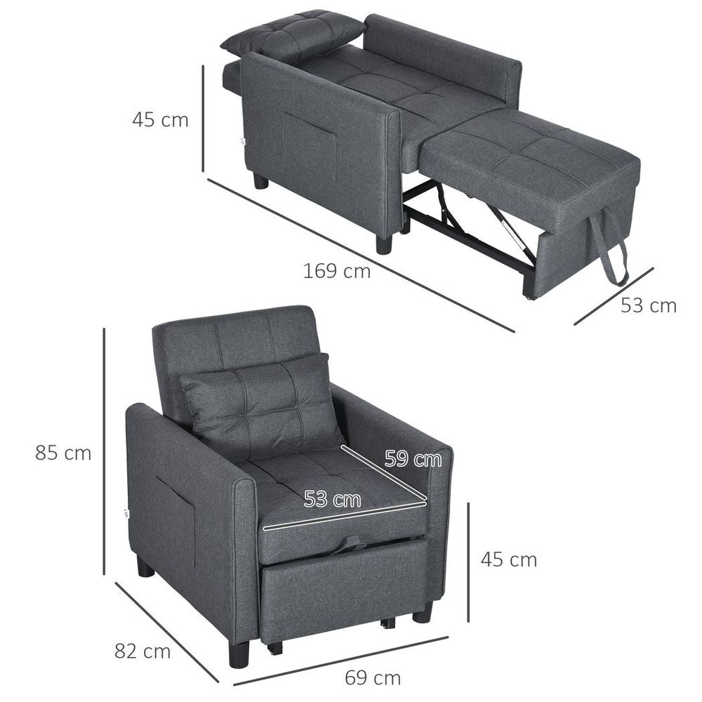 Pull Out Chair Bed, Sleeper Chair with Pillow, Side Pockets, Grey