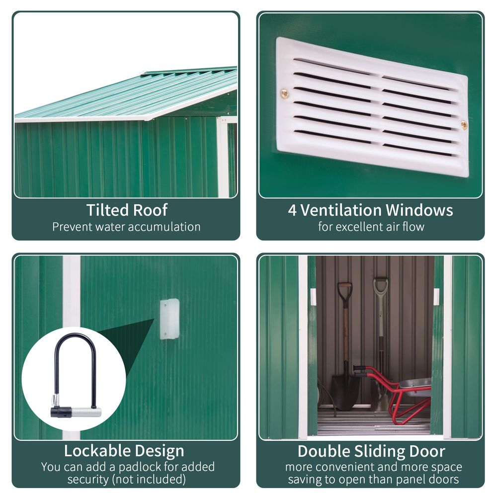7 x 4ft Metal Garden Shed, Outdoor Storage Tool House with Ventilation Slots, Foundation Kit and Lockable Double Doors, Green