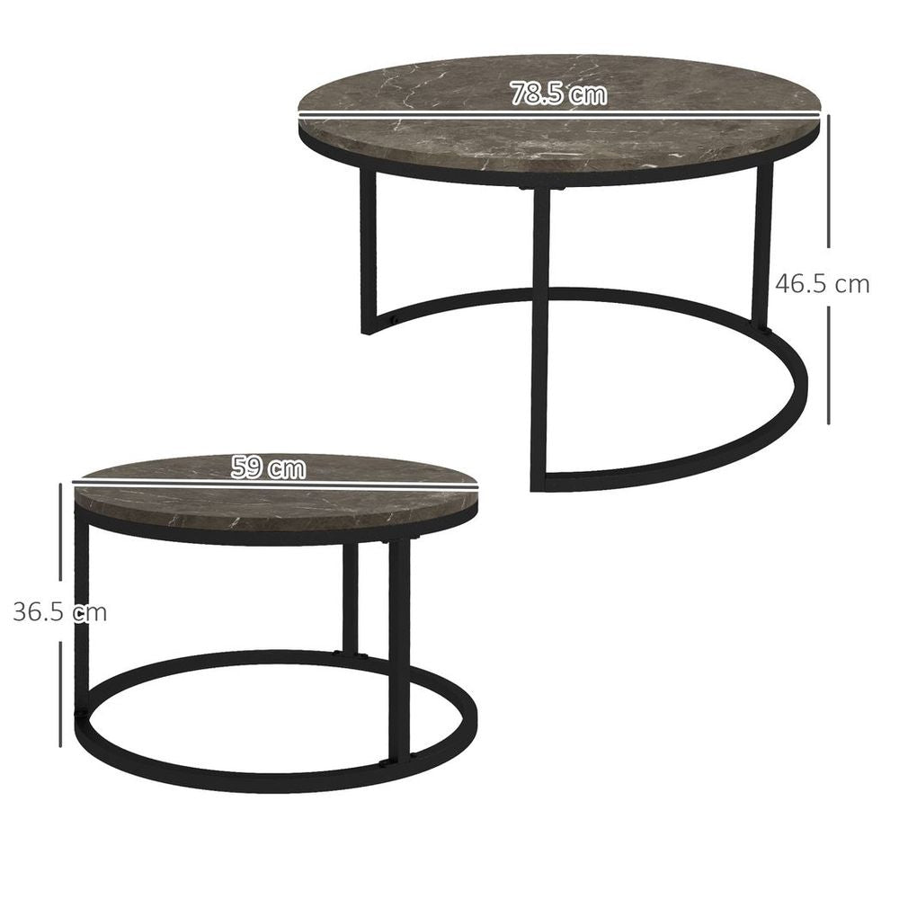 2-Pc Stacking Coffee Table Set: Steel Frame, Marble-Effect, Foot Pads