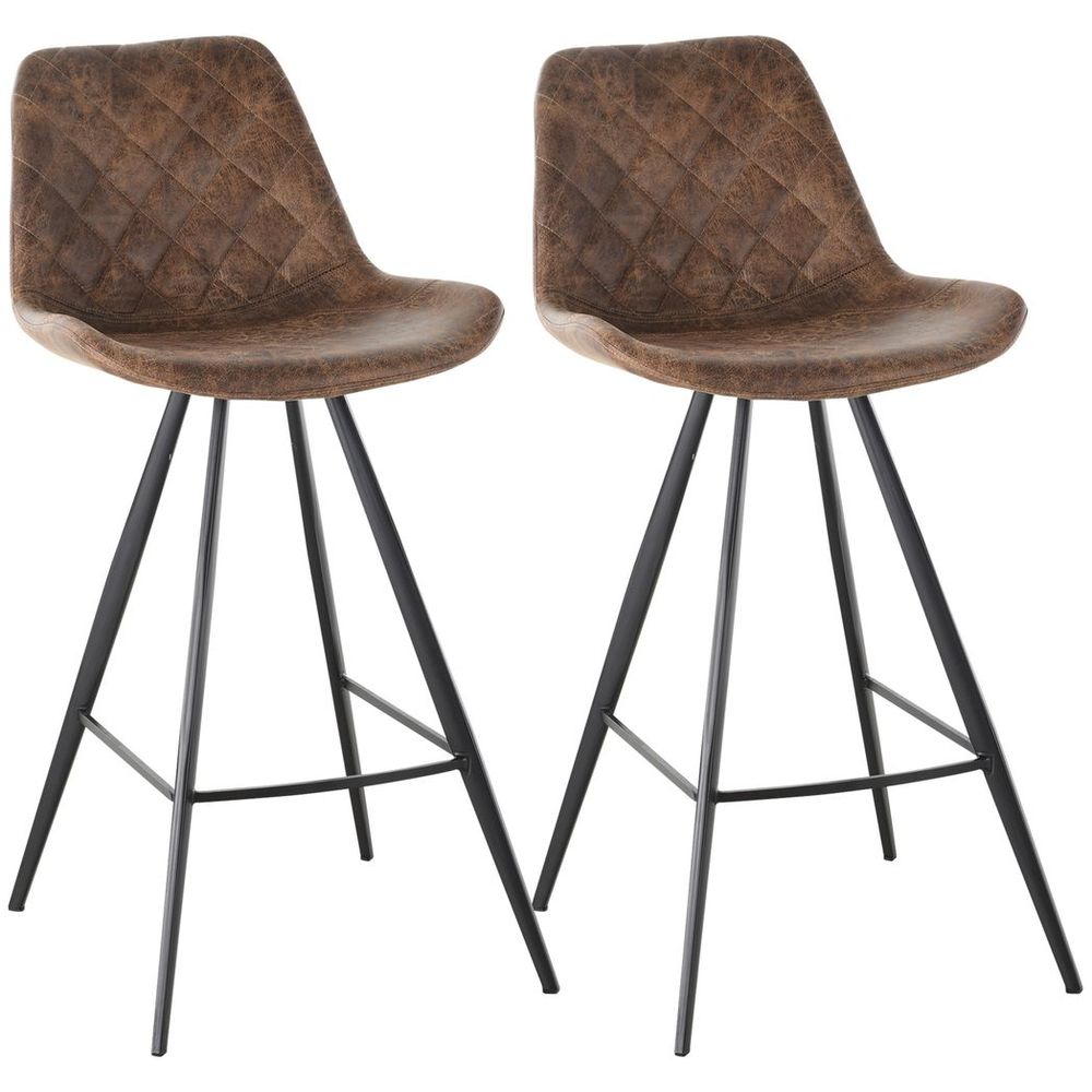 Set Of 2 Bar Stools Microfiber Cloth Tub Seats Padded Steel Brown
