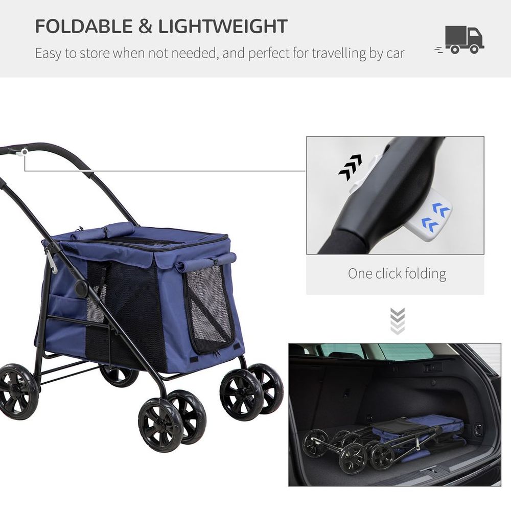 One-click Foldable Pet Stroller w/ Mesh Windows, for Small Pets - Blue