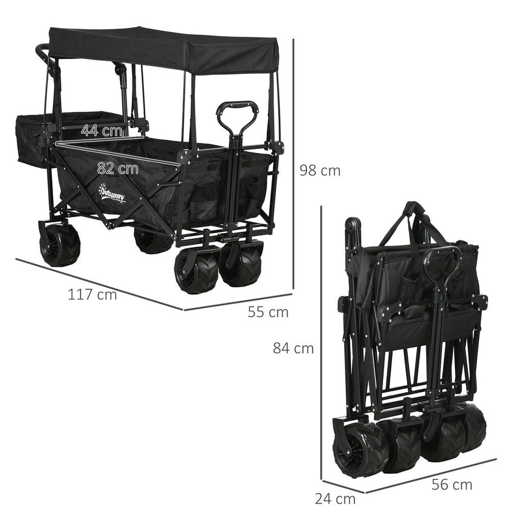 Foldable Trolley Cart w/ 4 Wheels, 2 Compartments, Canopy - Black