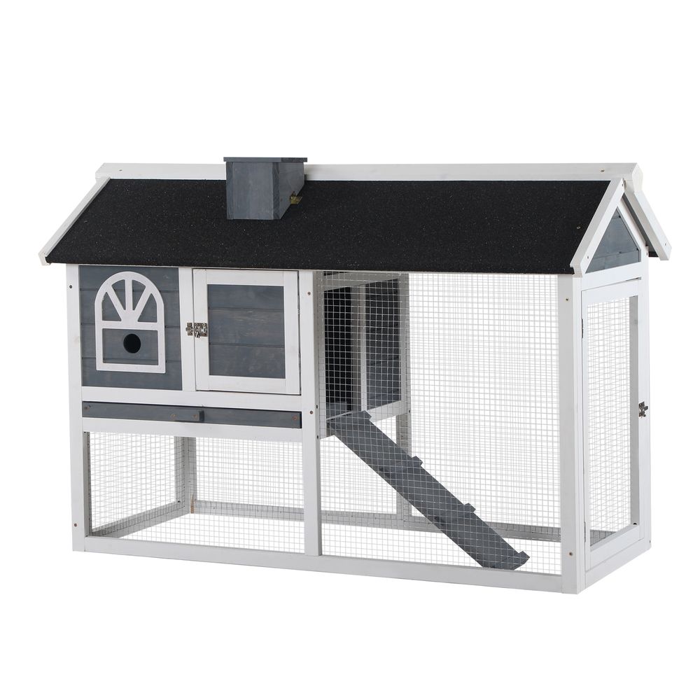 2 Tiers Rabbit Hutch and Run Wooden Guinea Hutch Outdoor with Sliding Tray, Ramp, Water-resistant Roof, for 2-4 Rabbits, Grey