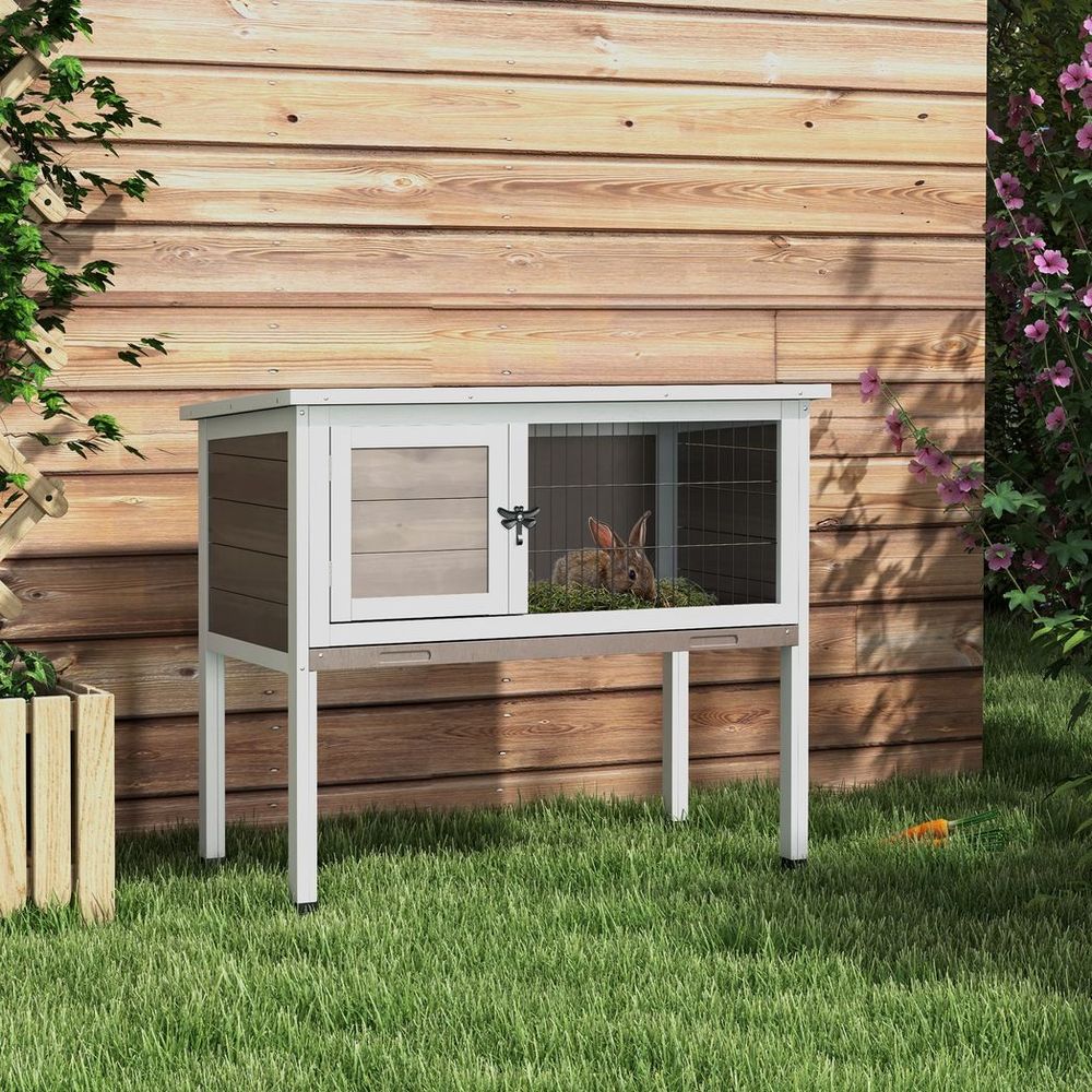 Large Elevated Rabbit Hutch w/ Asphalt Roof & Tray: Outdoor/Indoor Wood Shelter for Small Animals