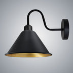 Vintage Black Gold Wall Light Fixture - E27 Base - Cone Shape Shade - Swan Neck