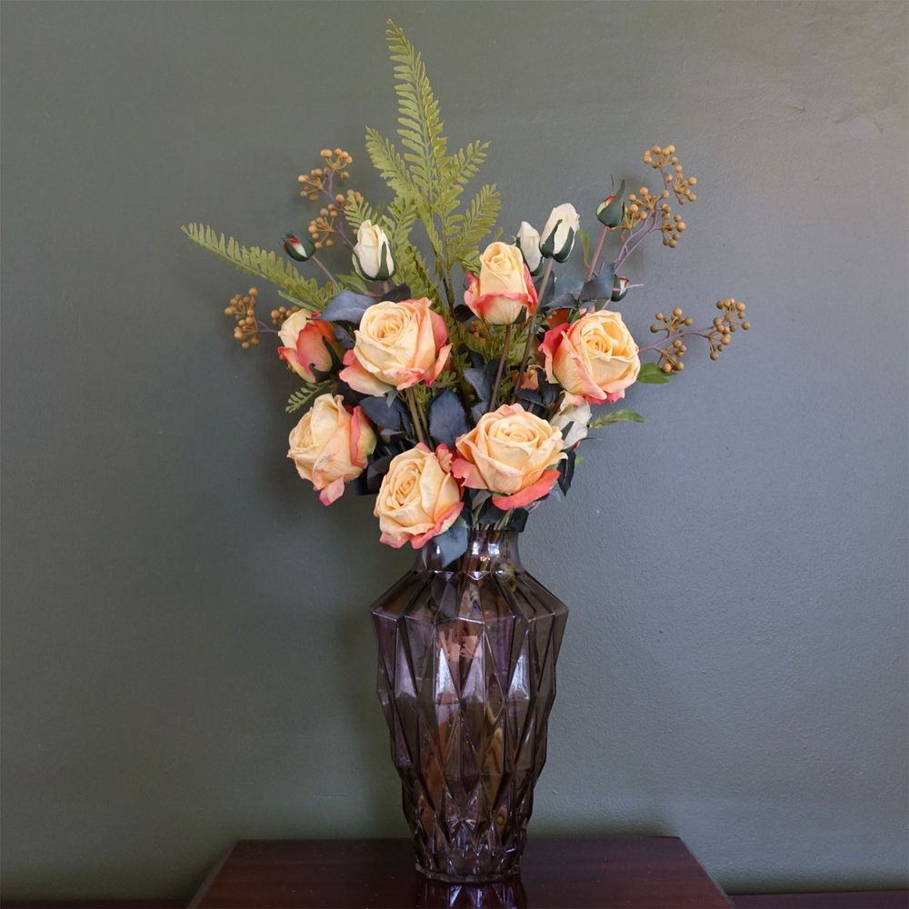 65cm Yellow Rose Geometric Glass Vase - Artificial Flower Arrangement
