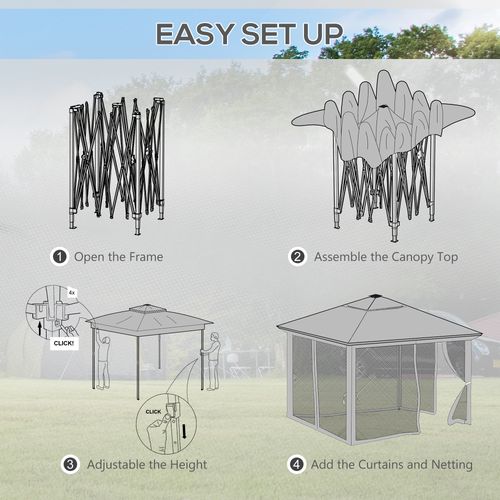 3x3(m) Pop Up Gazebo w/ Solar-Powered LED Lights Curtain Netting Grey