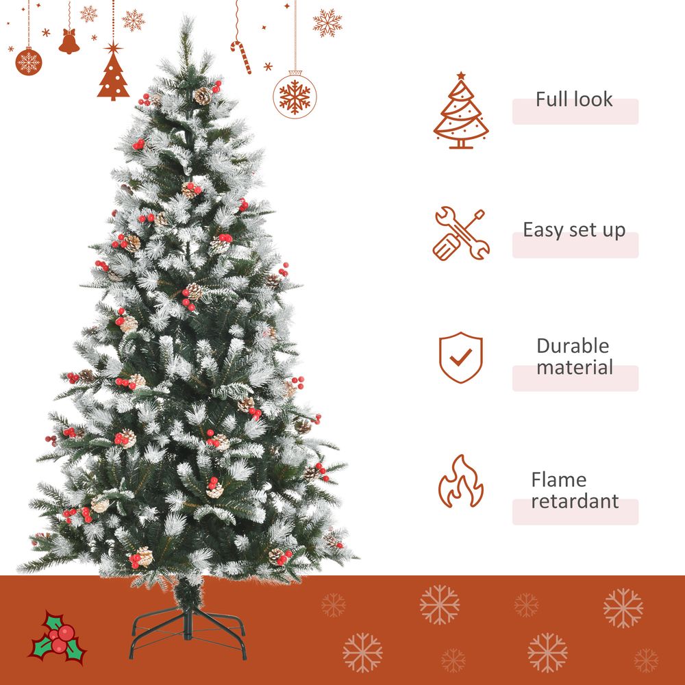 6FT Artificial Snow-Dipped Christmas Tree Foldable Berries White Pinecones Green