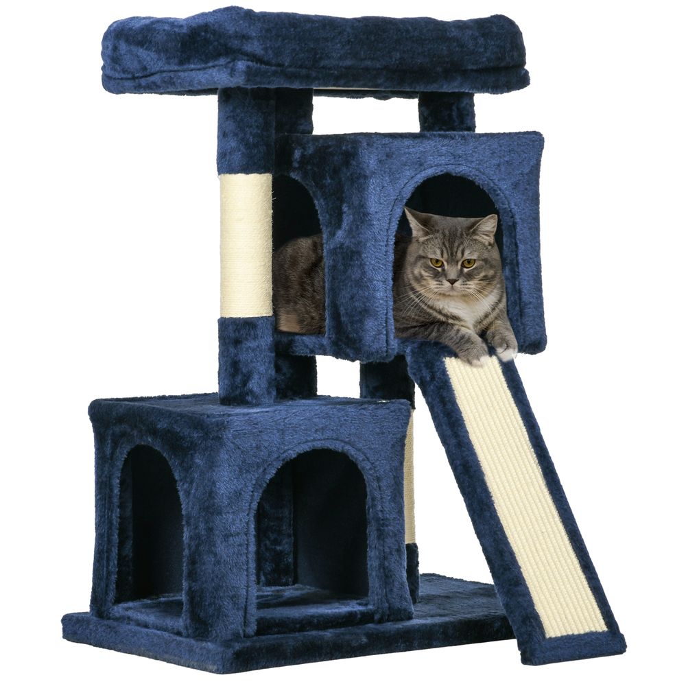 Luxury Cat Tree - Rest, Play, Scratch, & Sleep - 2 Houses, Perch, Scratching Post - Navy Blue
