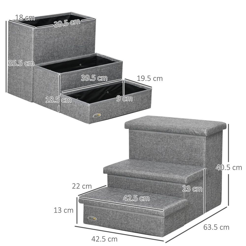 3 Step Dog Steps with Storage Boxes, Cat Stairs for Bed Sofa, Light Grey in Grey