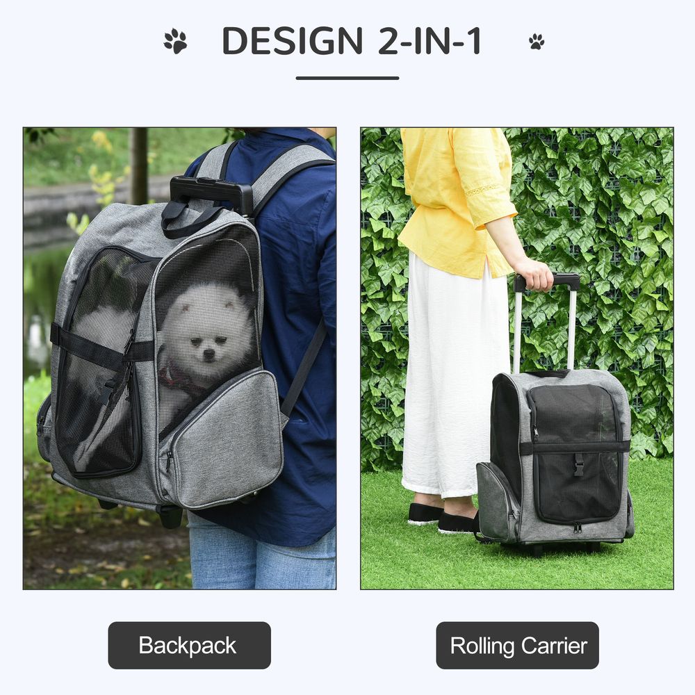 Pet Travel Backpack Bag Cat Puppy Dog Carrier w/ Trolley and Telescopic Handle Portable Stroller Wheel Luggage Bag (Grey)