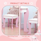 Kids Vanity Set w/ Mirror, Drawer, Cute Patterns, for Girls - Pink