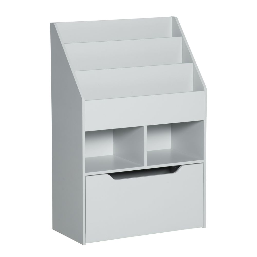 Kids Bookshelf, Toy Box w/ Storage Drawer, Wheels, for Bedroom - Grey