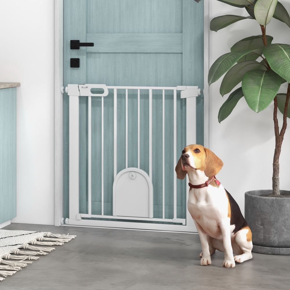 Pet Safety Gate: Pressure Fit Stair w/ Small Door - Double Locking - Secure