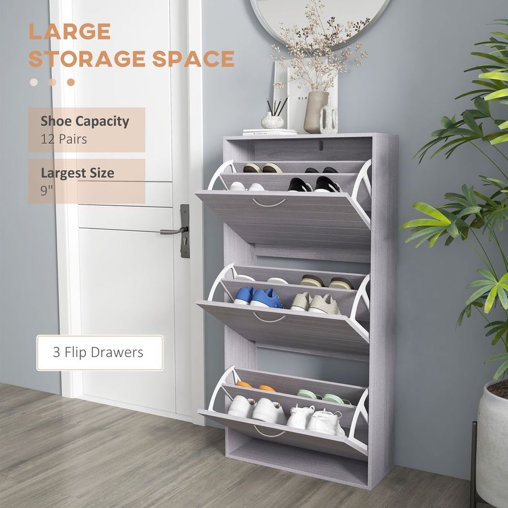 Slim Shoe Storage Cabinet with 3 Flip Drawers for 12 Pair of Shoes