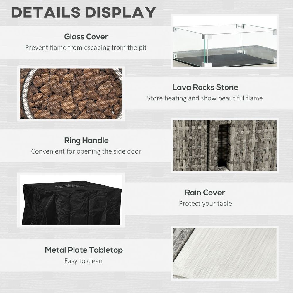 Gas Fire Pit Table - Rain Cover, Windscreen & Lava Stone - 50,000 BTU