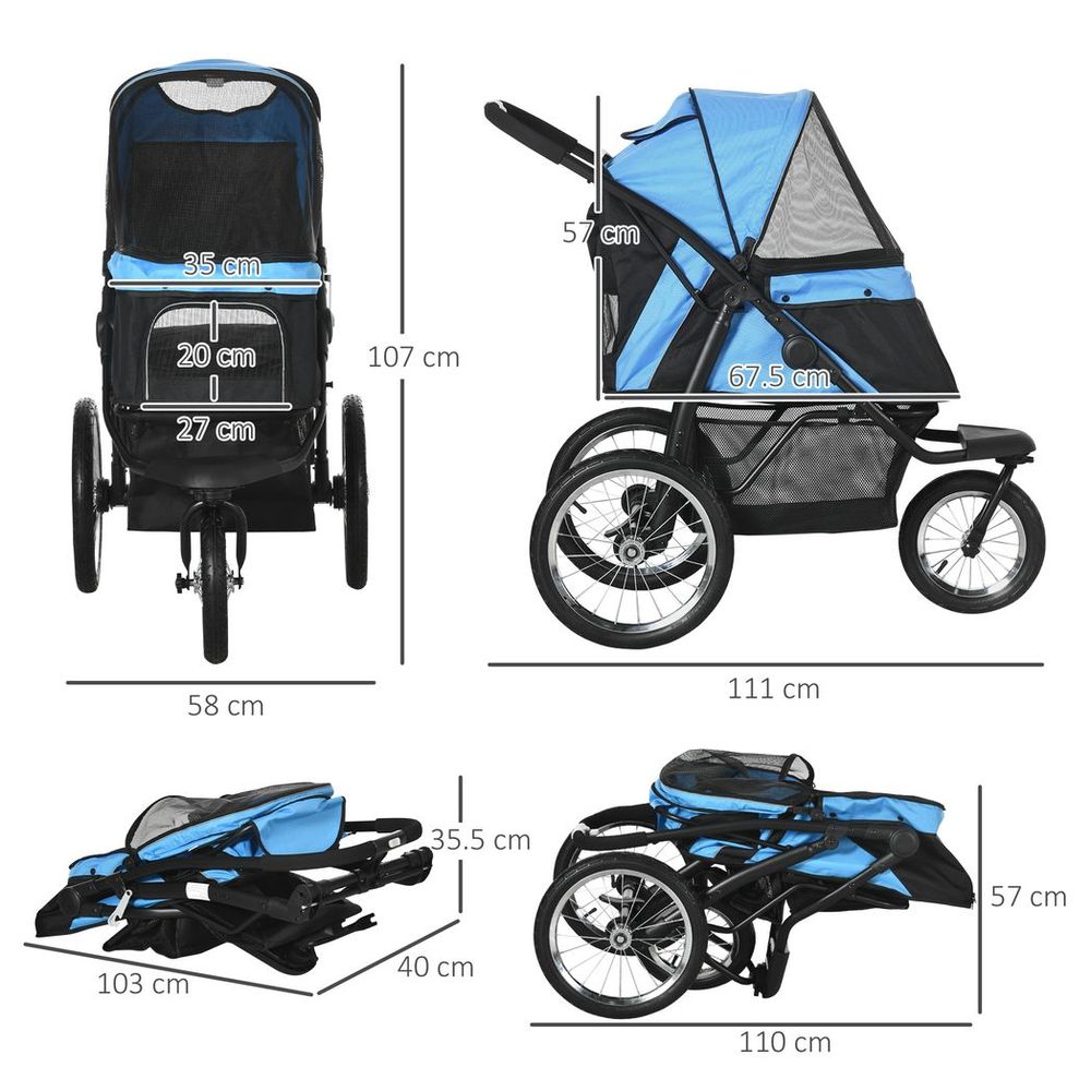 3 Wheel Pet Stroller - Blue - Foldable Cat Pram + Soft Mat - Medium Small Dogs - All Terrains
