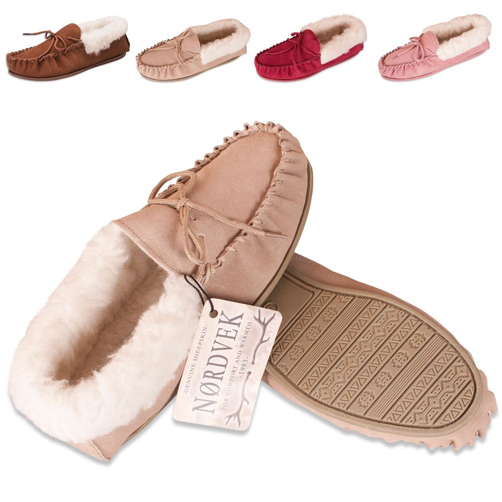 Womens Sheepskin Suede Moccasin Slippers With Rubber Sole - 417-100