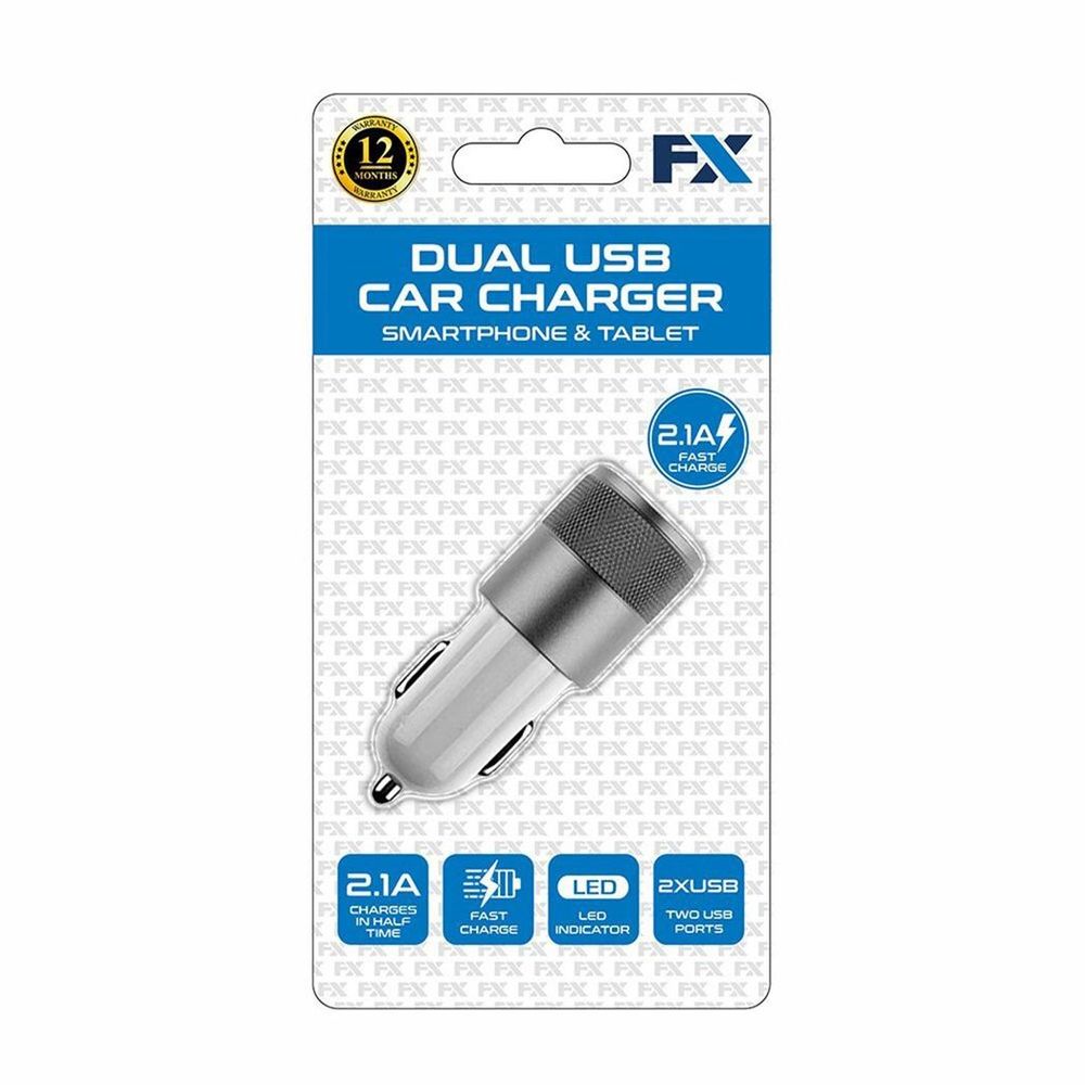 FX Car Charger 2.1A Twin USB Socket Universal Charger, Silver