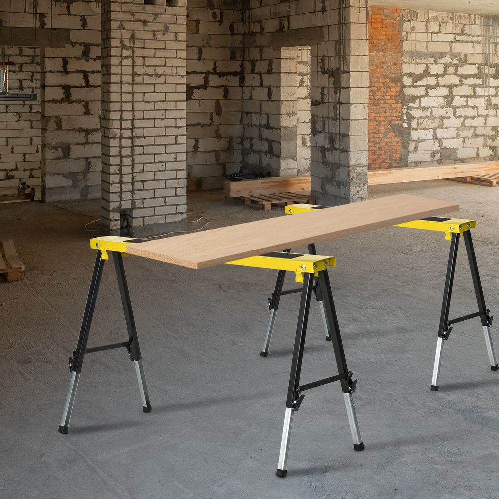 2PCS Saw Horse Twin Pack Folding Workbench Adjustable Metal Trestle Stands with Non-Slip EVA Surface for Sawing Work Max Load 100kg