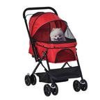 Dog Stroller, Pet Stroller, Foldable Dog Cat Travel Pushchair with Reversible Handle, EVA Wheels, Brake, Basket, Adjustable Canopy, Safety Leash, for Small Dogs, Red