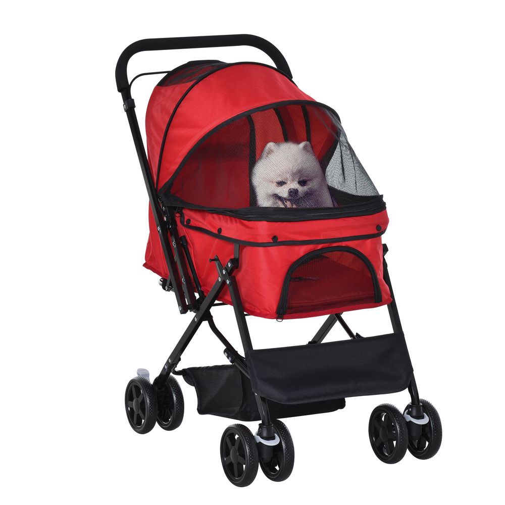 Dog Stroller, Pet Stroller, Foldable Dog Cat Travel Pushchair with Reversible Handle, EVA Wheels, Brake, Basket, Adjustable Canopy, Safety Leash, for Small Dogs, Red